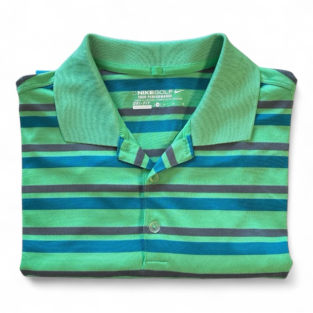 Men’s Nike Golf Tour Performance Green Blue Purple Striped Polo Shirt, Medium - Picture 2 of 5